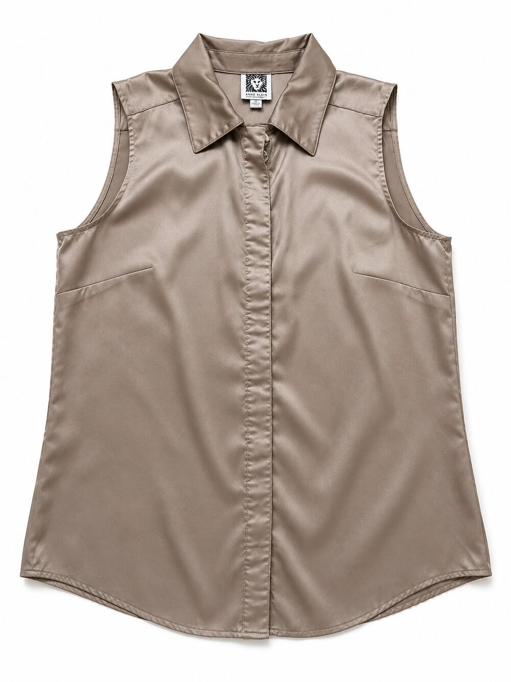 Anne Klein Suit Separates Blouse Women Medium Taupe Satin Sleeveless Top Chic